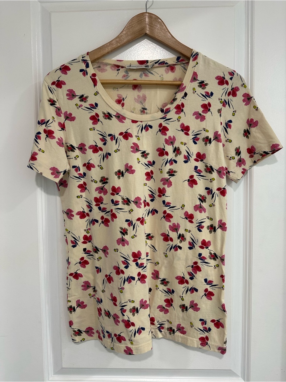 Women's Cream Short Sleeve Tee with Pink Floral Print Organic Cotton Size L